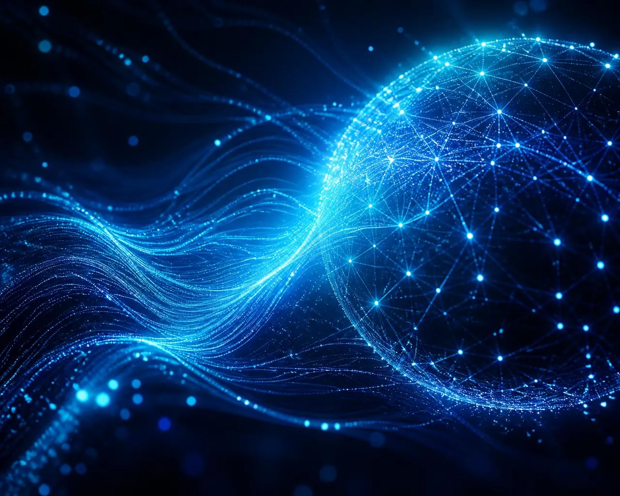 Composição abstrata de fluxos de dados e redes neurais representando inteligência artificial